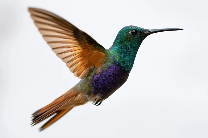 Hummingbird hovering mid-flight with wings fully spread against white background
