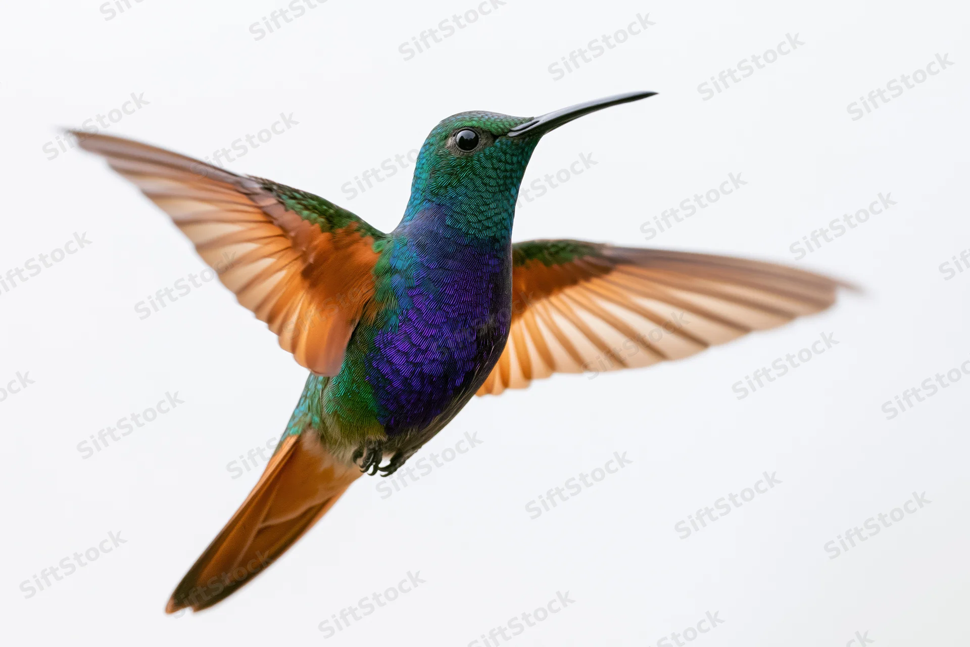 Hummingbird hovering mid-flight with wings fully spread against white background