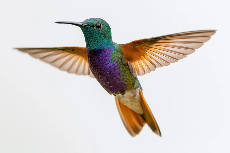 Hummingbird hovering mid-flight with wings fully spread against white background