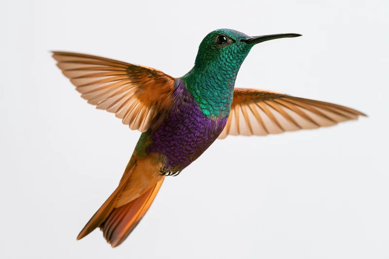 Hummingbird hovering mid-flight with wings fully spread against white background