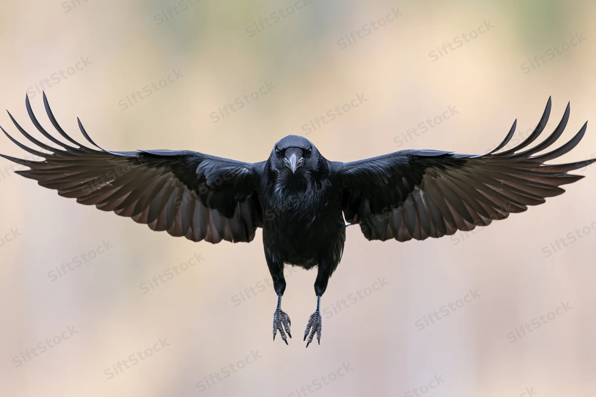 Raven mid-landing with wings fully spread against blurred background