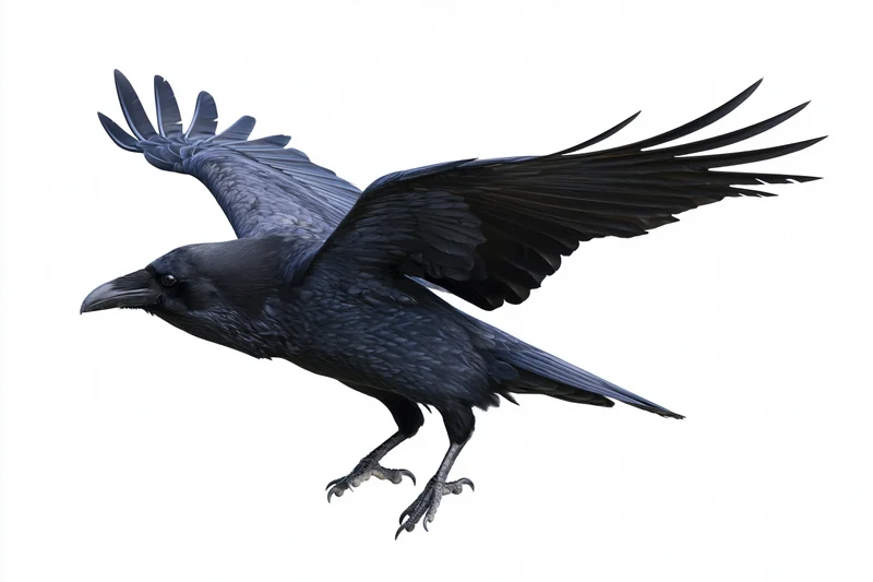 Black raven in mid-flight with wings fully spread against white background