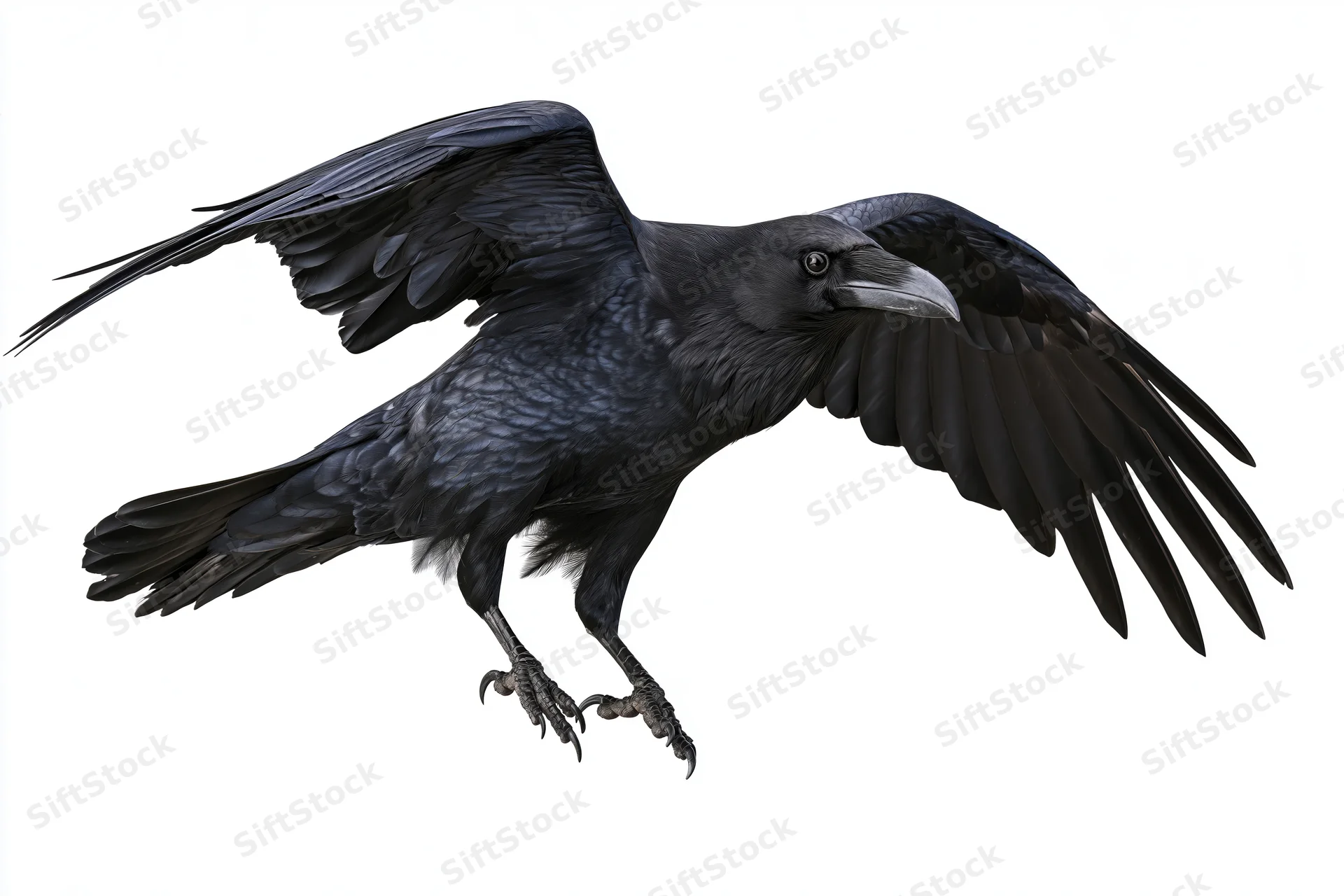 Raven in mid-flight with wings fully spread against white background