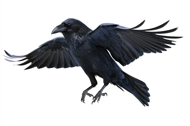 Raven in mid-flight with wings fully spread against white background
