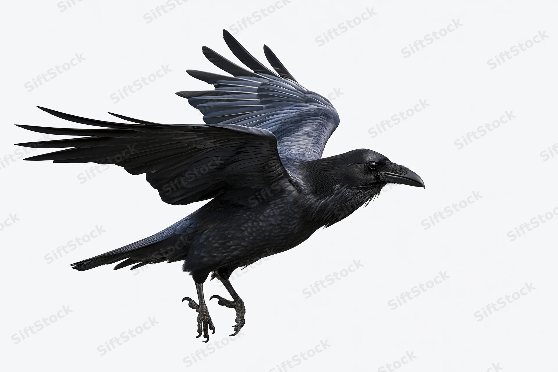 Black raven in mid-flight with wings fully spread against white background