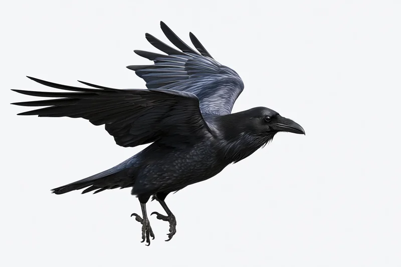 Black raven in mid-flight with wings fully spread against white background