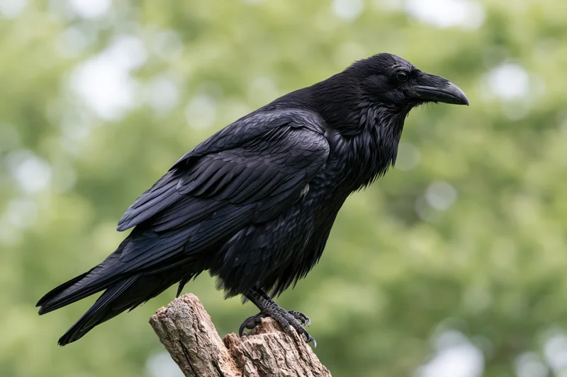 Common raven perched on a weathered broken tree stump in a green forest setting