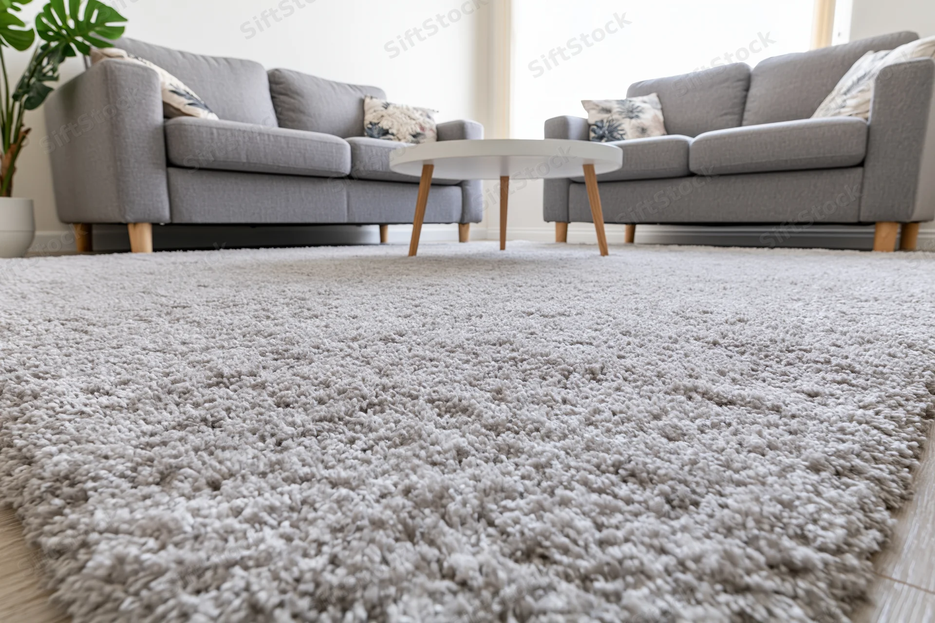 Large light grey shaggy rug covering floor in living room with sofas and coffee table