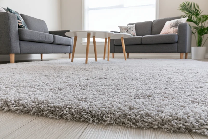 Large light grey shaggy rug covering floor in living room with grey sofas and coffee tables