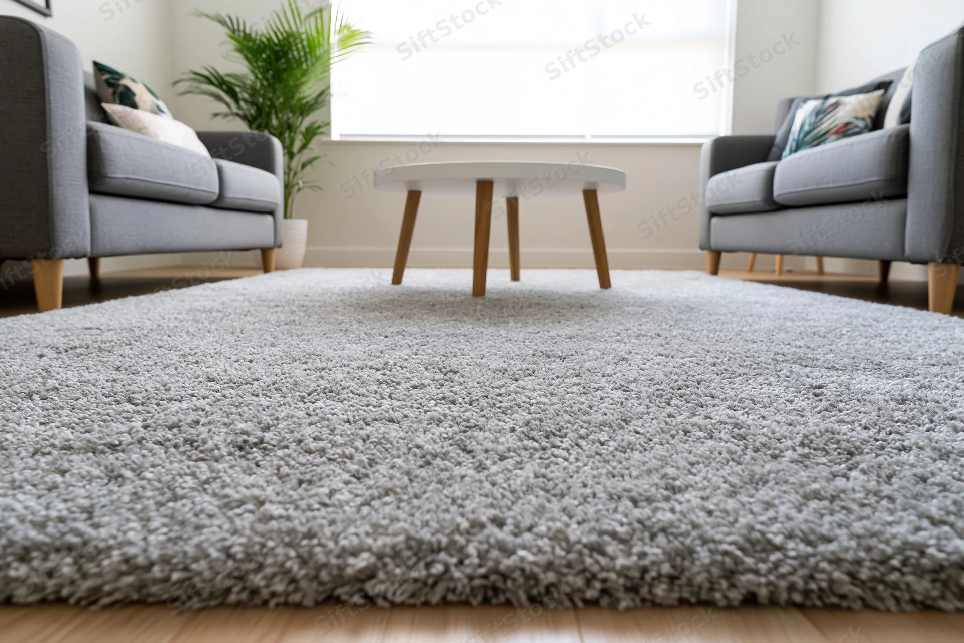 Large light grey shaggy rug covering floor in living room with sofas and coffee table near window