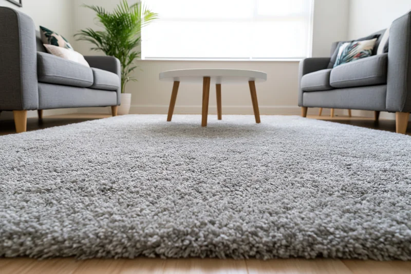 Large light grey shaggy rug covering floor in living room with sofas and coffee table near window