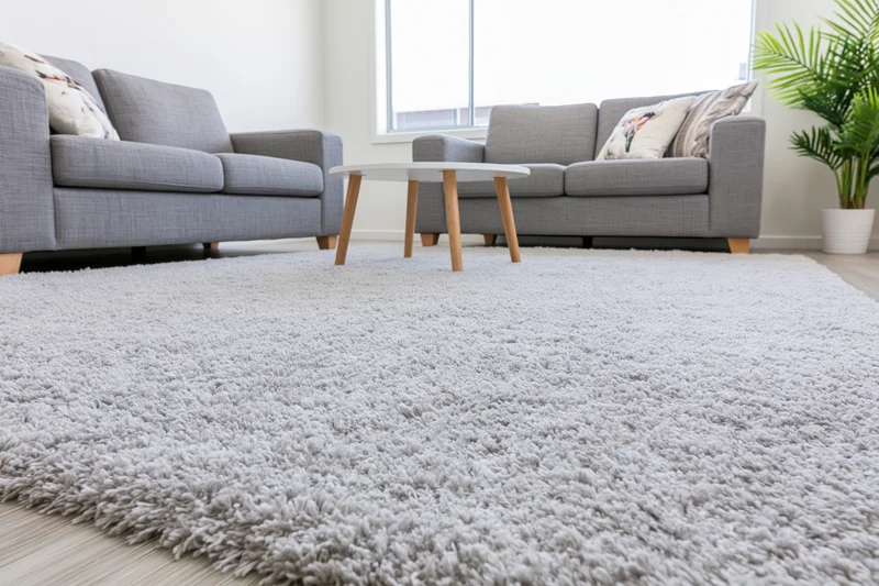 Large light grey shaggy rug covering living room floor with sofas and coffee table in background