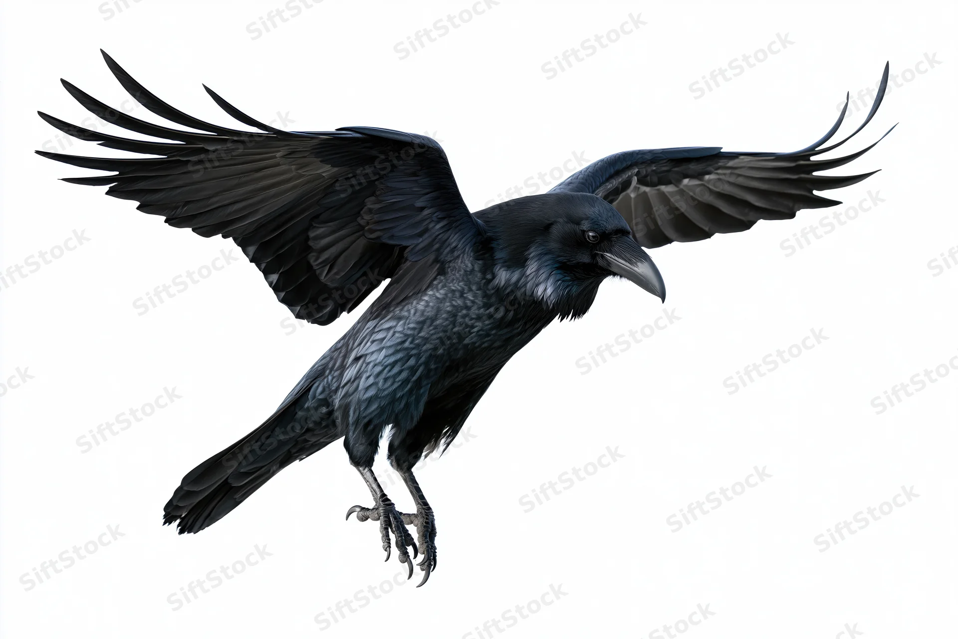 Raven in mid-flight with wings fully spread and talons extended against white background