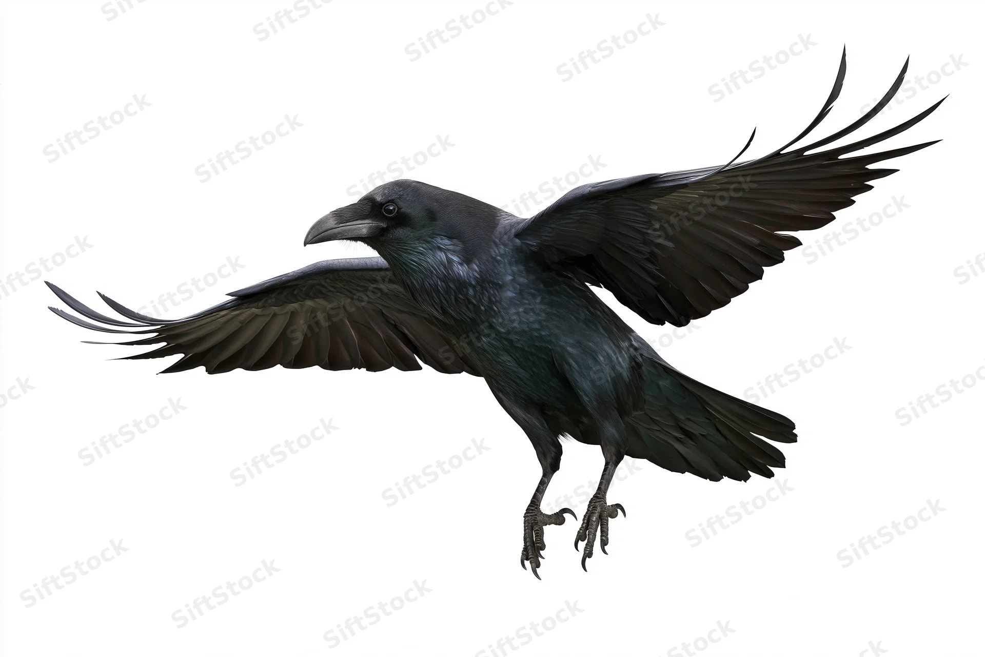 Raven in mid-flight with wings fully spread and talons extended against white background