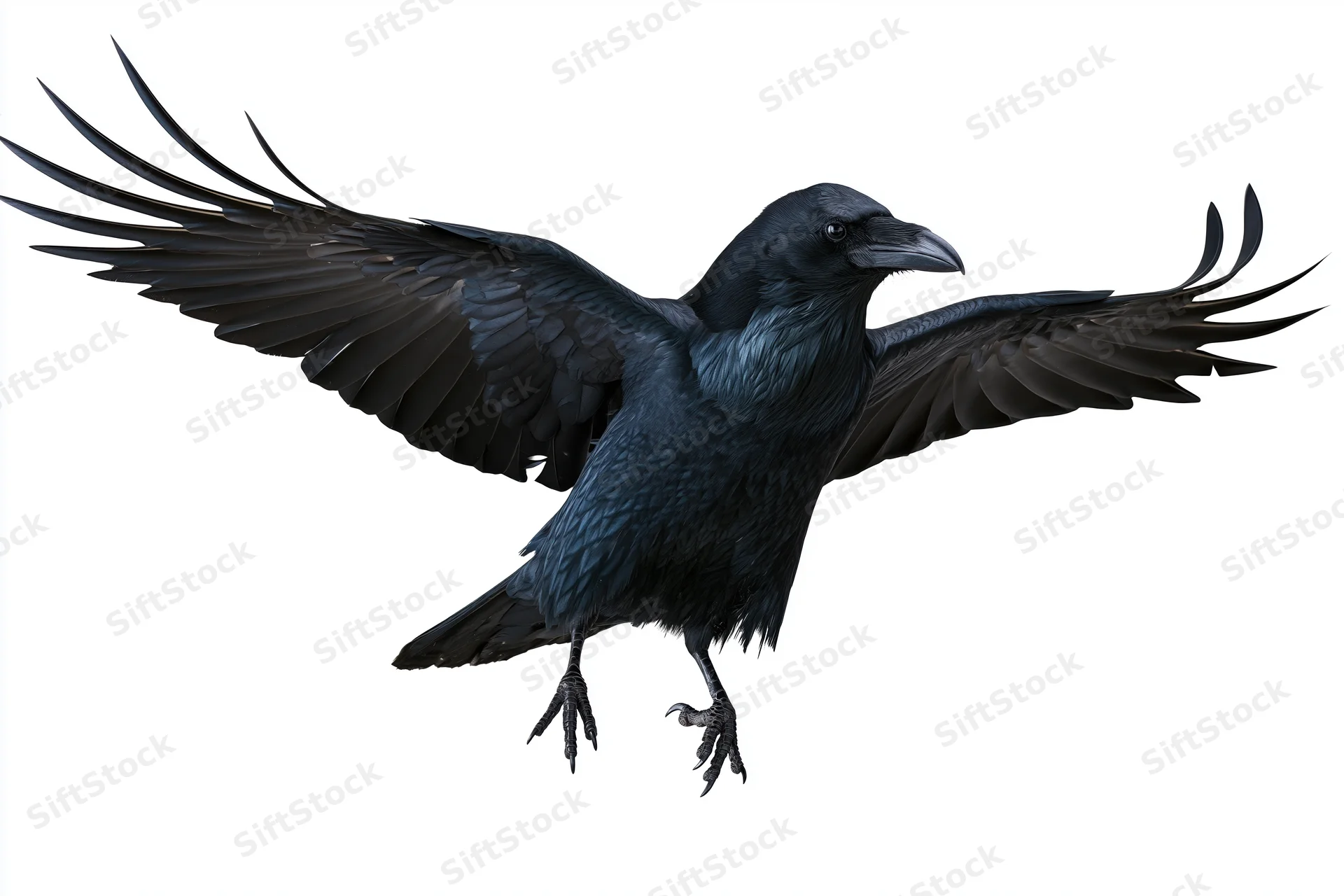 Raven in mid-flight with wings fully spread and talons extended against white background