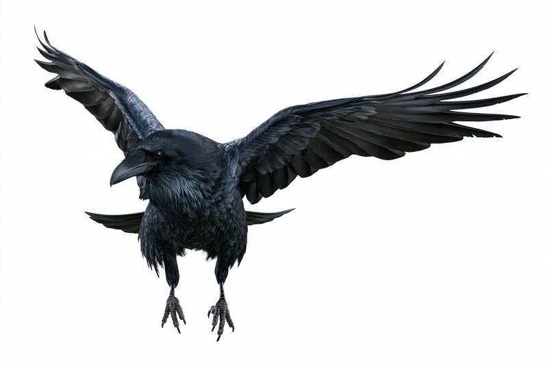 Raven in mid-flight with wings fully spread and talons extended against white background