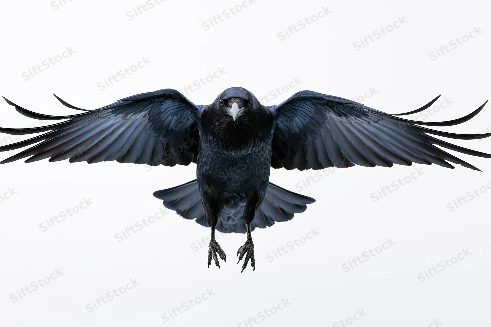 Raven in mid-flight with wings fully spread against white background