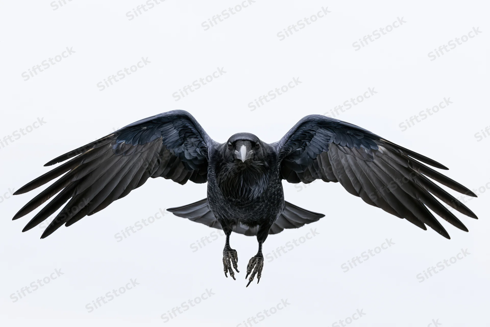 Raven in mid-flight with wings fully spread against white background