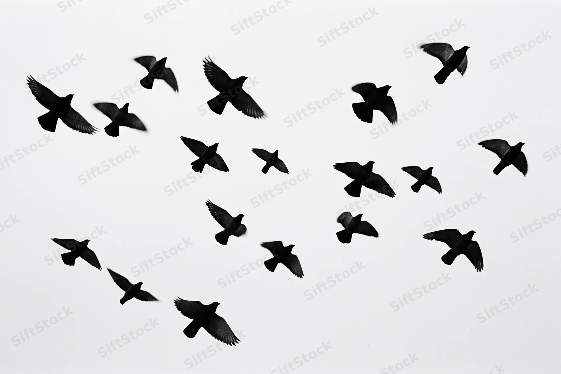 Dark birds in mid-flight forming a loose flock against a white sky