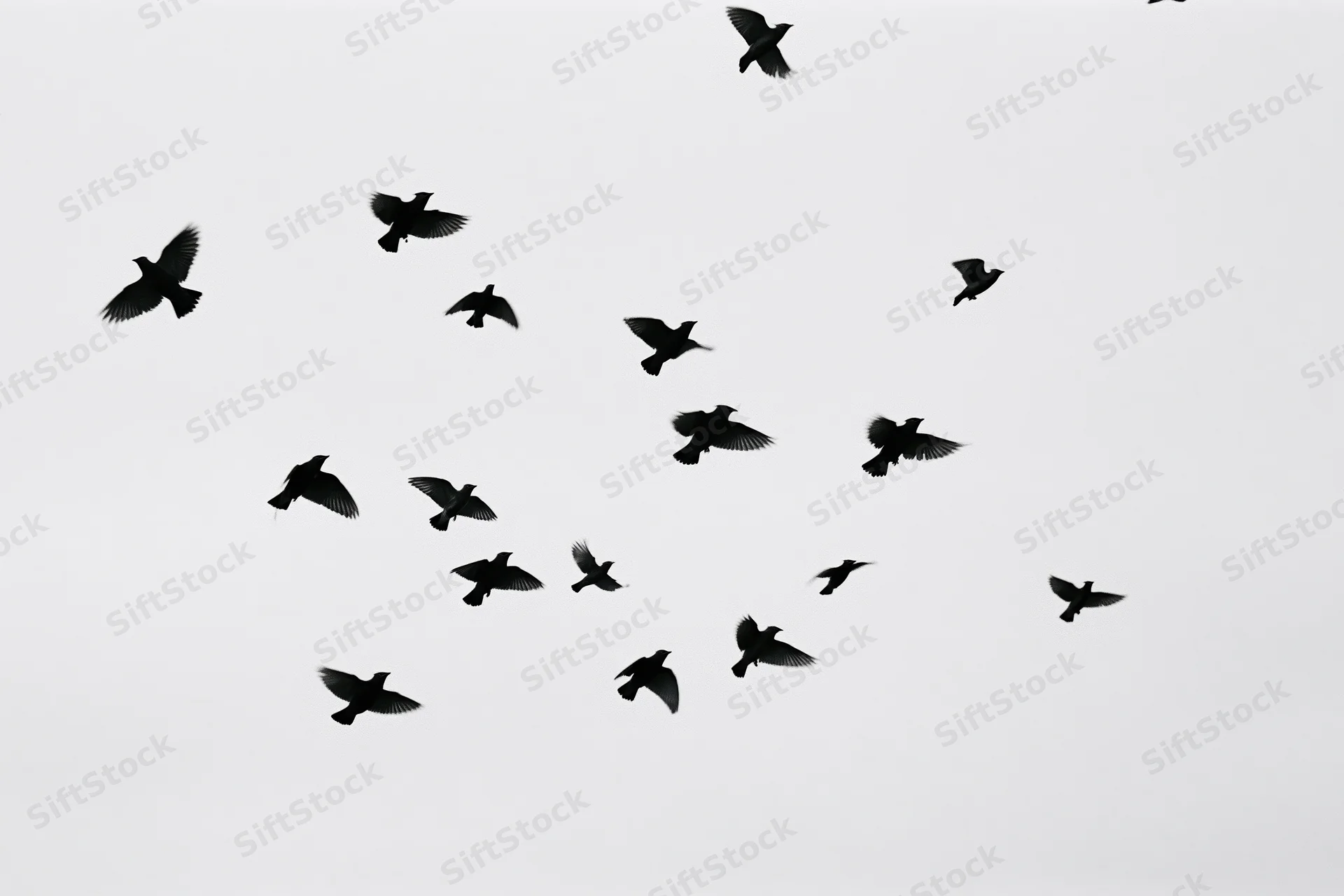 Dark birds in mid-flight silhouetted against a white sky