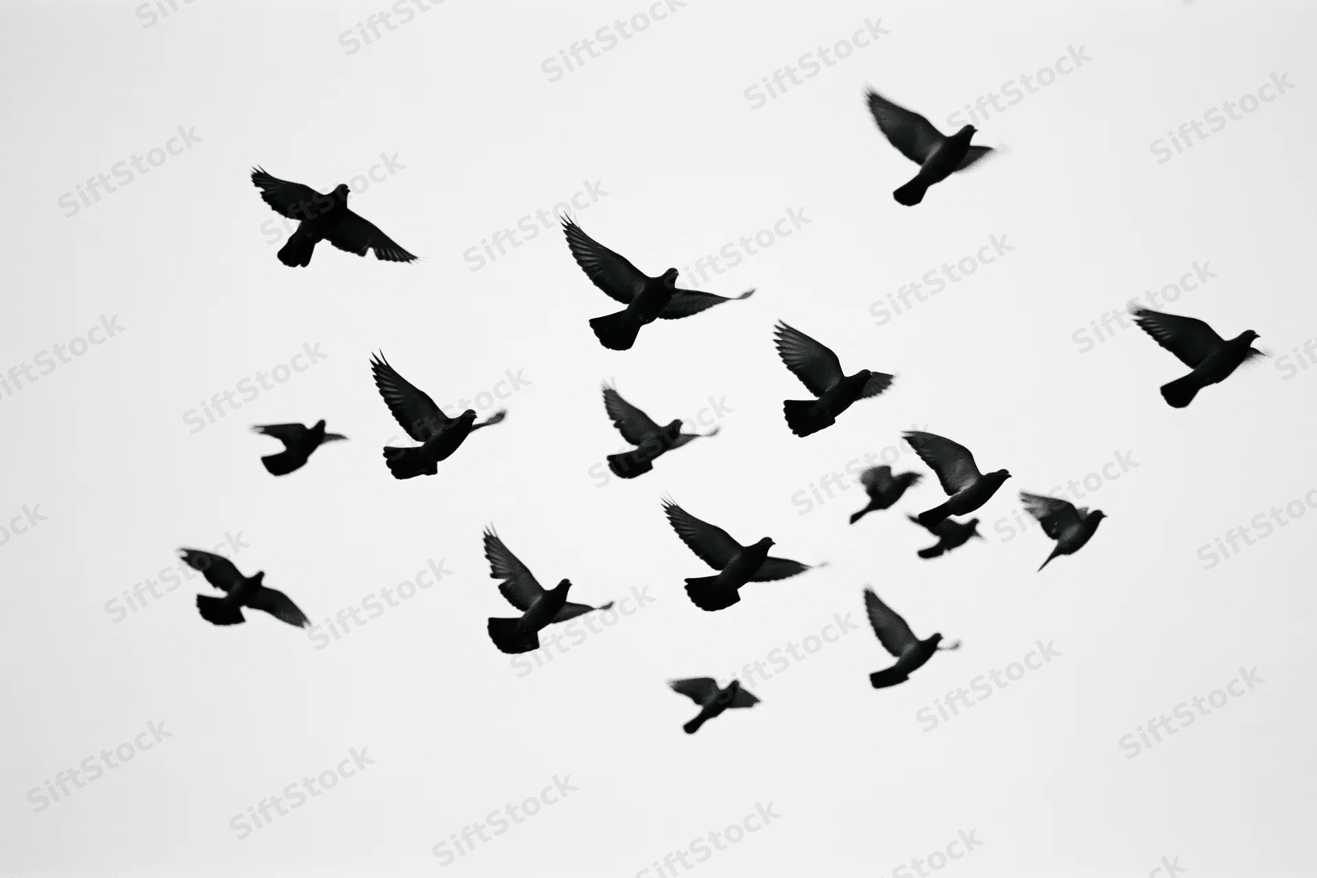Dark birds in mid-flight forming a loose flock against a white sky