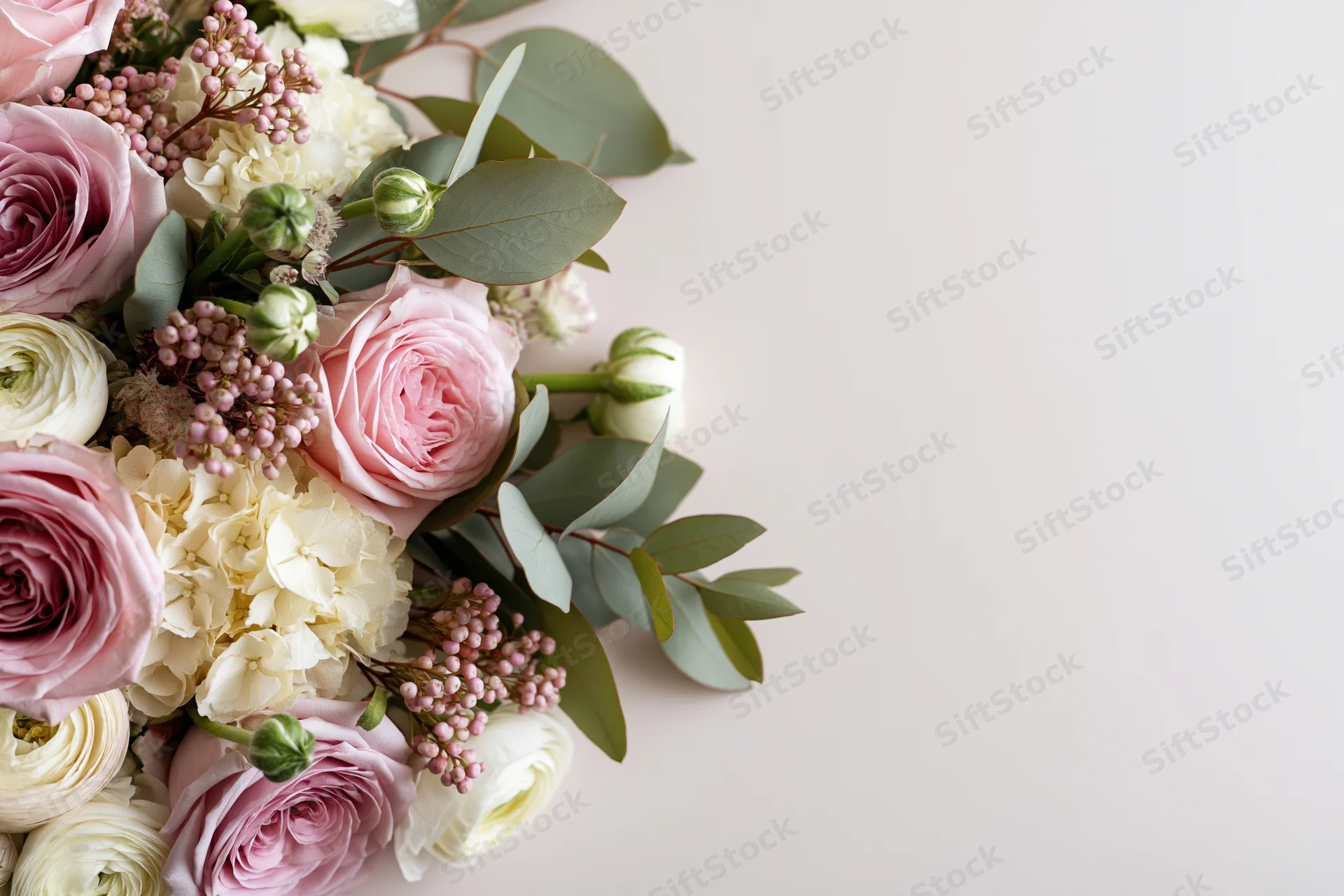 Loose floral arrangement with pink roses, white hydrangeas, and eucalyptus leaves tucked into the bottom-left corner on a light background