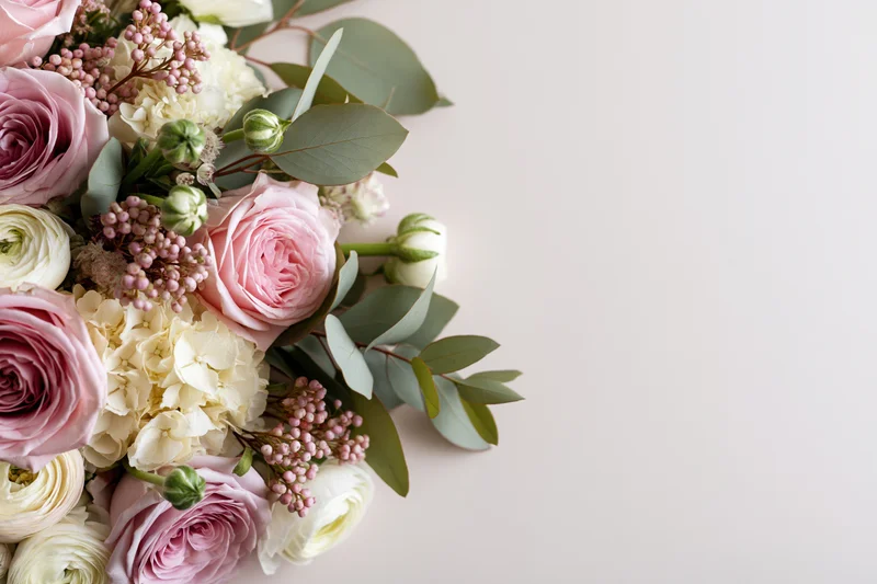 Loose floral arrangement with pink roses, white hydrangeas, and eucalyptus leaves tucked into the bottom-left corner on a light background
