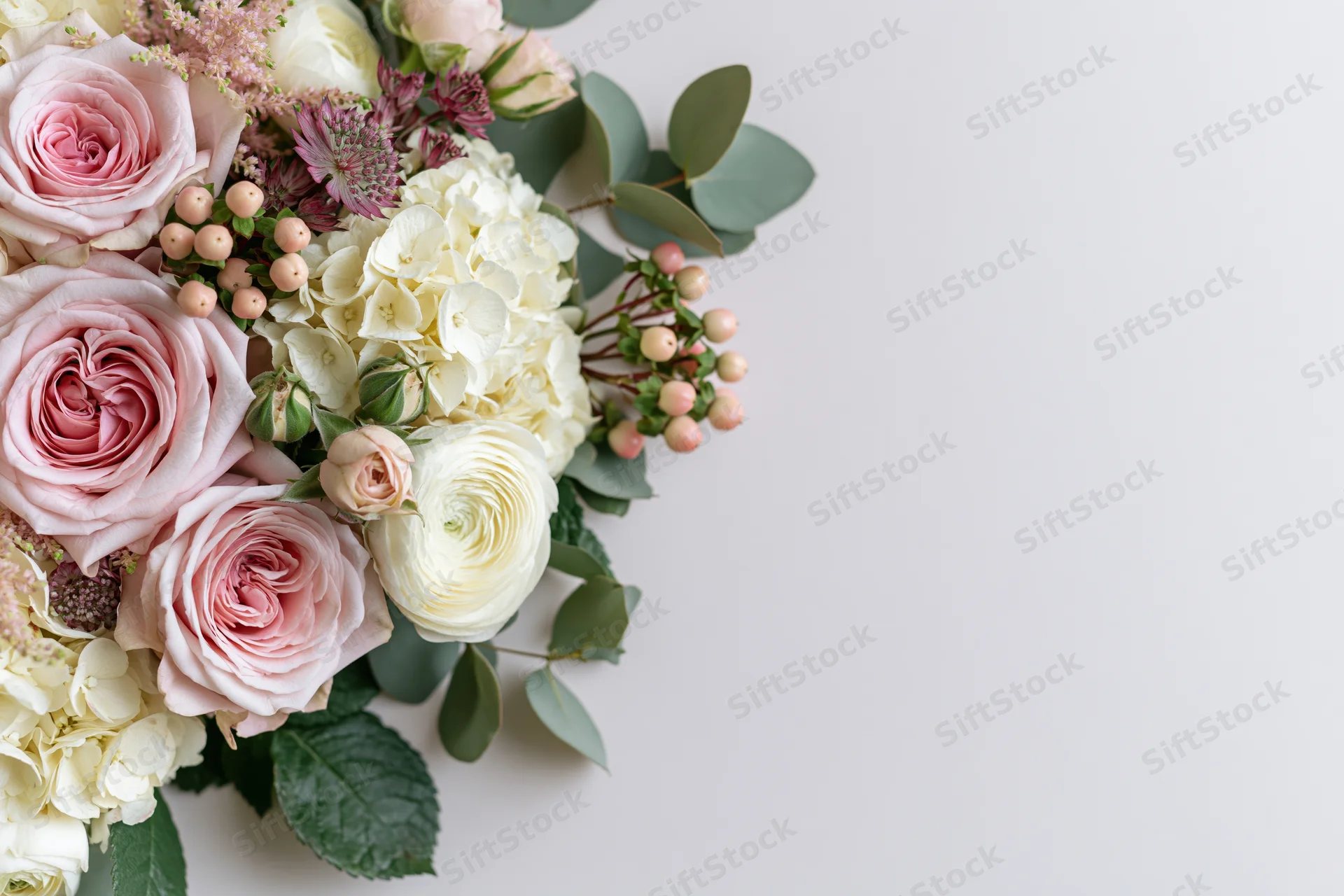 Loose floral arrangement tucked into bottom-left corner with copyspace on white background