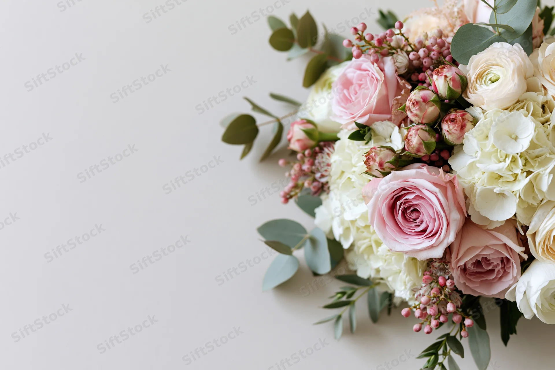 Loose floral arrangement with pink roses and white hydrangeas tucked into the bottom-right corner on a light background