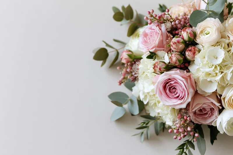 Loose floral arrangement with pink roses and white hydrangeas tucked into the bottom-right corner on a light background
