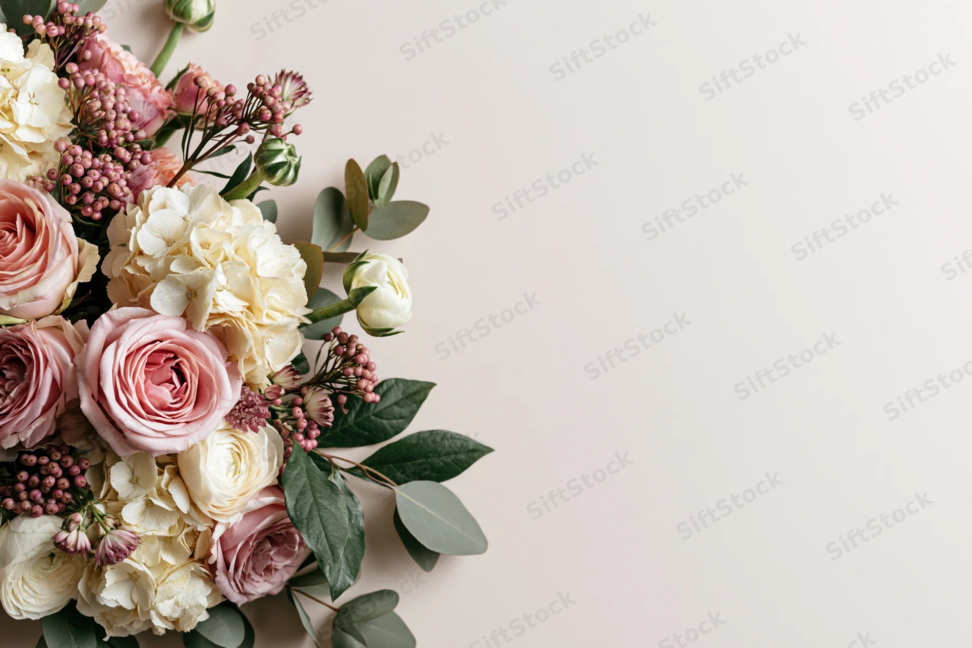 Loose floral arrangement with pink roses, white hydrangeas, and eucalyptus leaves tucked into bottom-left corner on light background