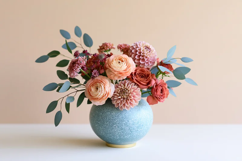 Mixed floral arrangement in a blue ceramic vase on a white surface