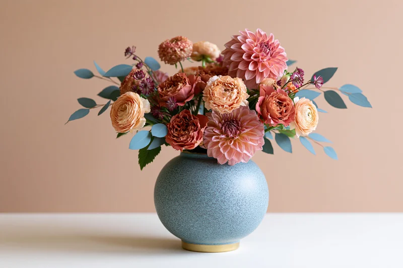 Mixed floral arrangement in a blue ceramic vase on a white surface
