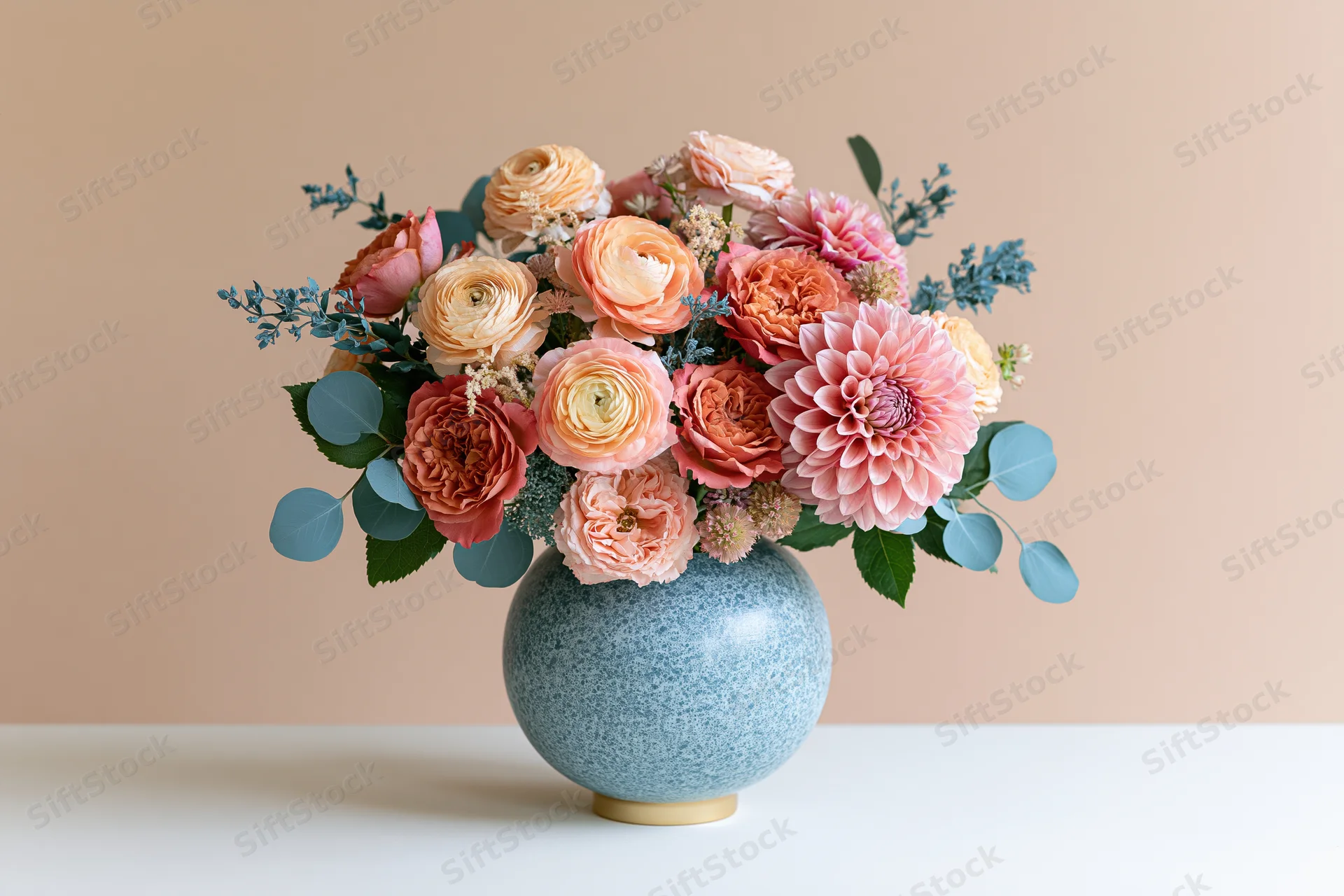 Mixed floral arrangement with peach ranunculus and pink dahlia in a blue ceramic vase on a white table