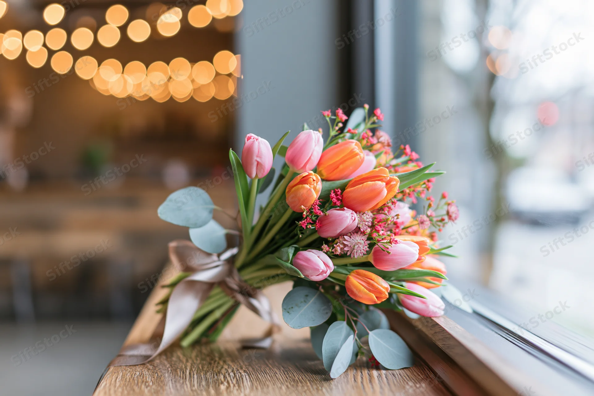 Spring bouquet of orange and pink tulips with eucalyptus on wooden windowsill near window
