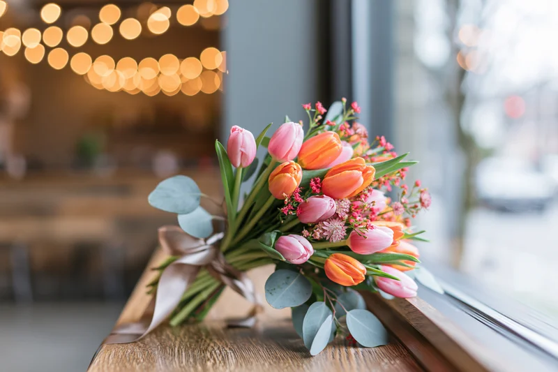 Spring bouquet of orange and pink tulips with eucalyptus on wooden windowsill near window