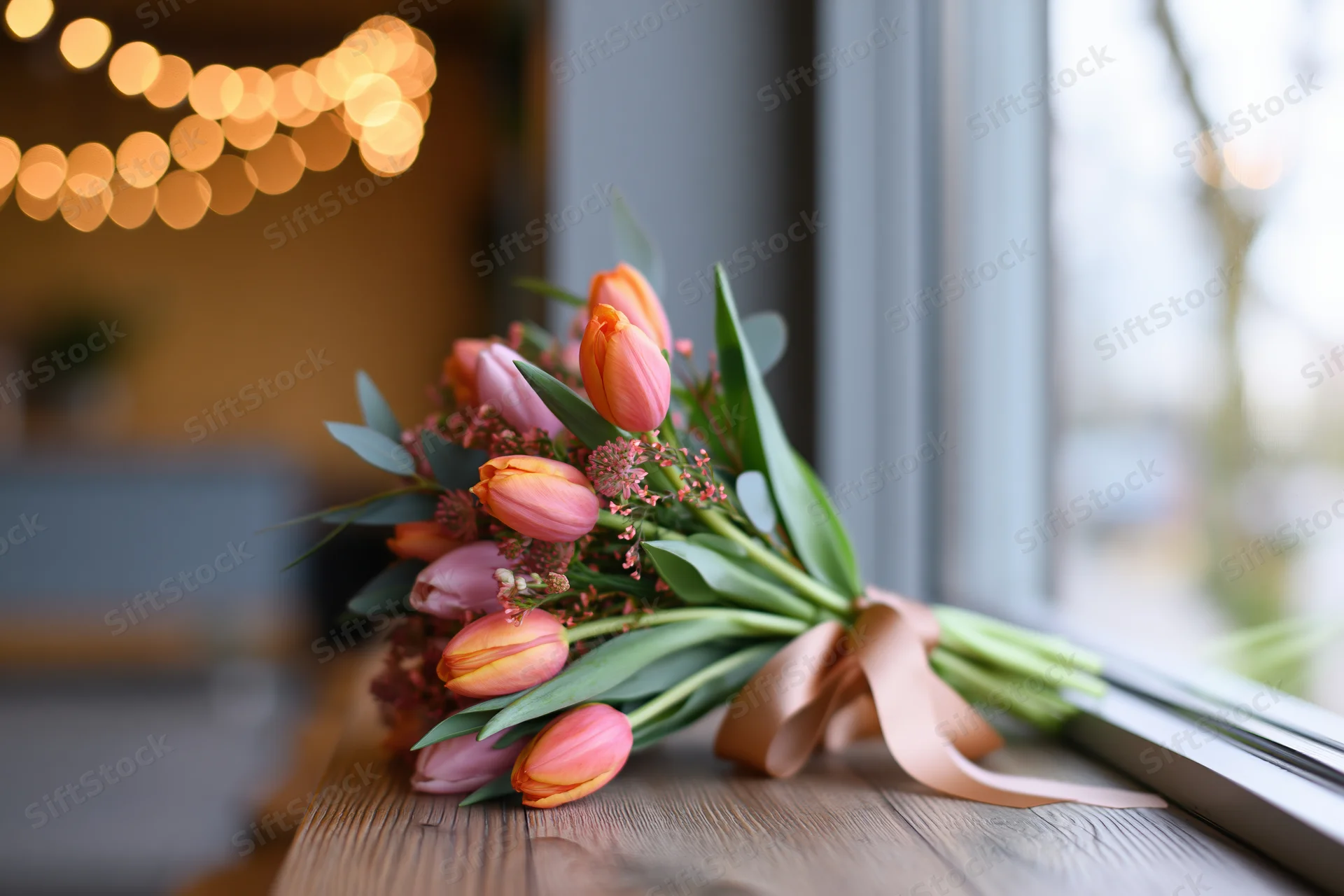 Spring bouquet of orange and pink tulips tied with ribbon resting on wooden windowsill