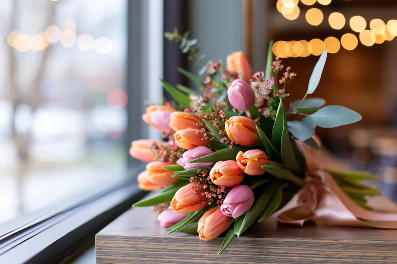 Spring bouquet of orange and pink tulips with greenery and ribbon on wooden table near window