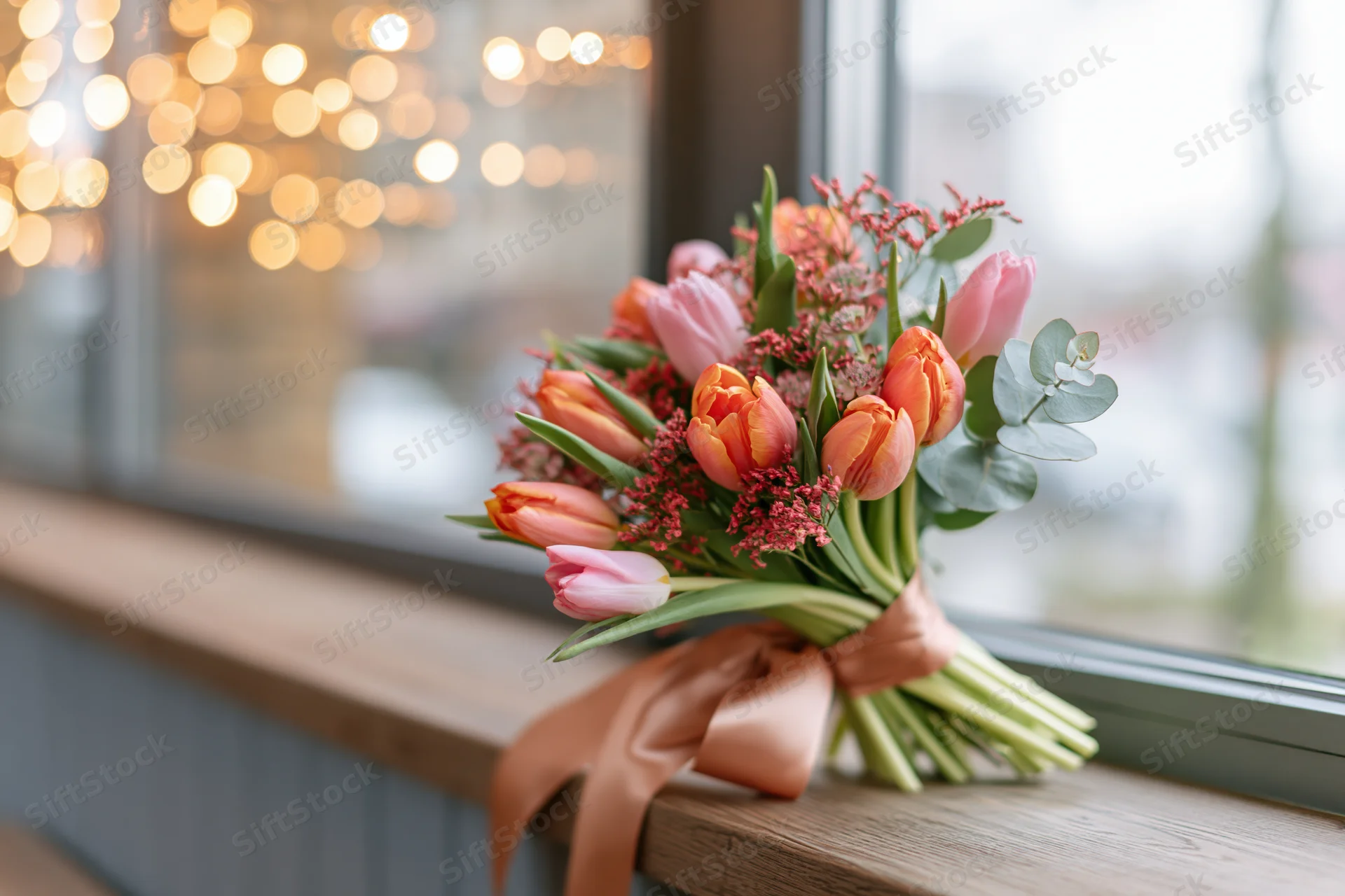 Spring bouquet of orange and pink tulips with eucalyptus and ribbon tied on wooden windowsill near bokeh lights