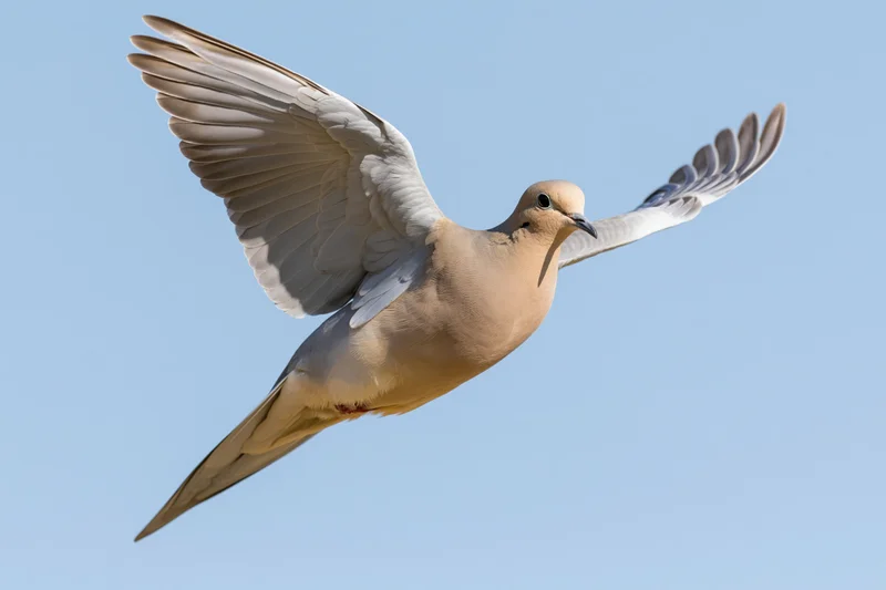 Mourning dove in mid-flight with wings fully spread against clear blue sky