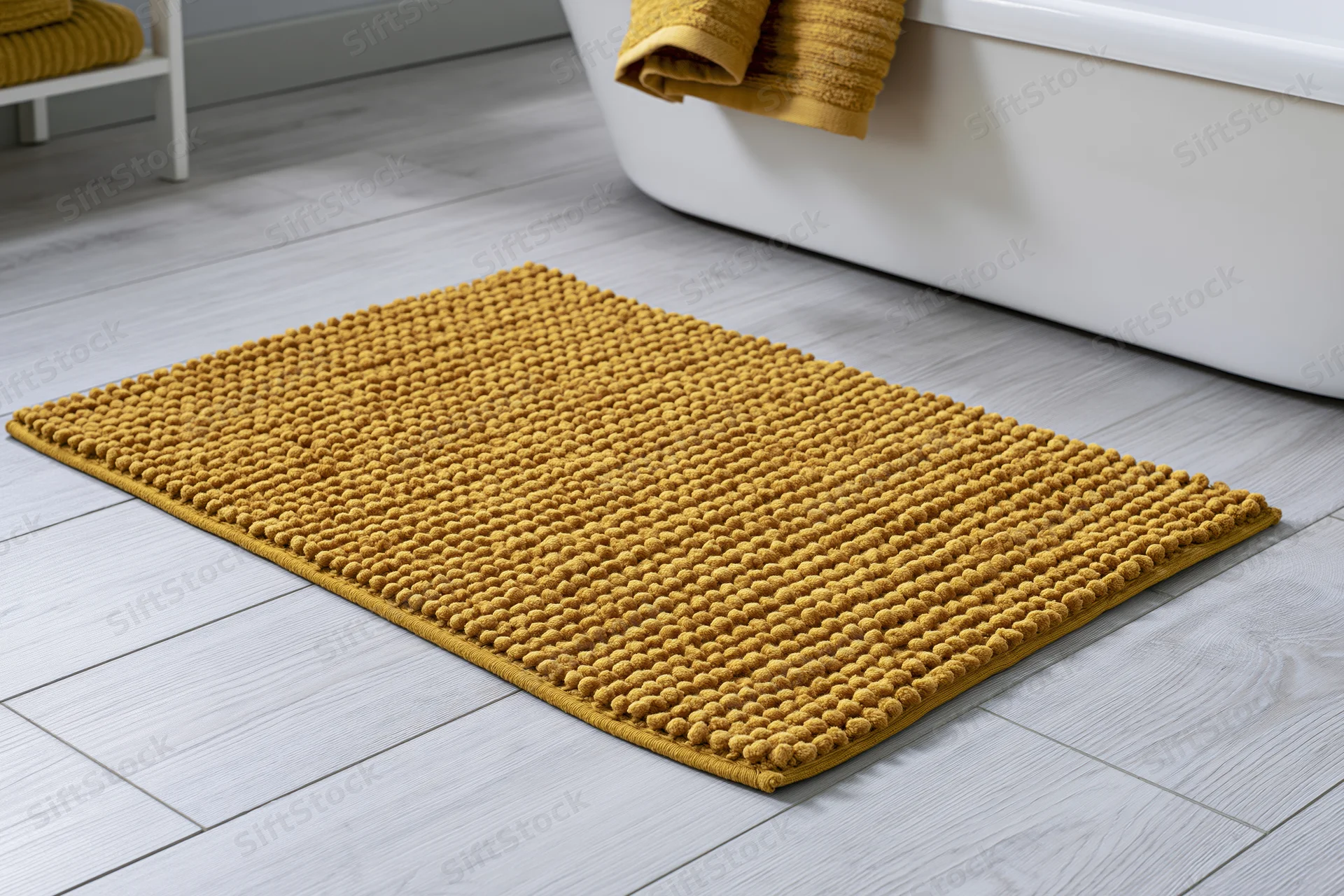 Mustard yellow chenille bath mat with raised bobble texture on tiled bathroom floor near white bathtub