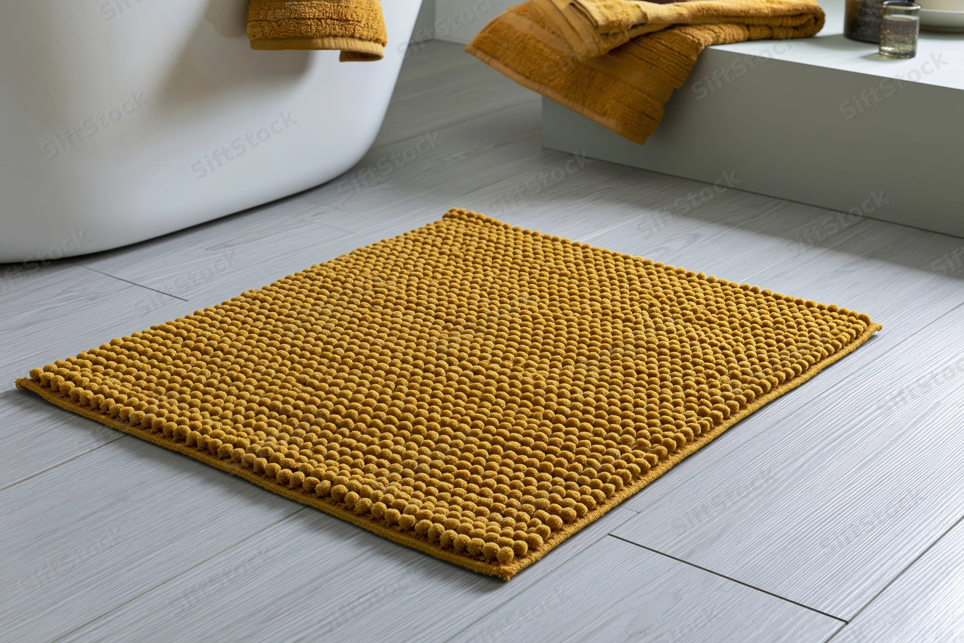 Mustard yellow chenille bath mat with raised bobble texture on gray tiled bathroom floor near white bathtub and folded towel