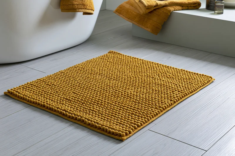 Mustard yellow chenille bath mat with raised bobble texture on gray tiled bathroom floor near white bathtub and folded towel