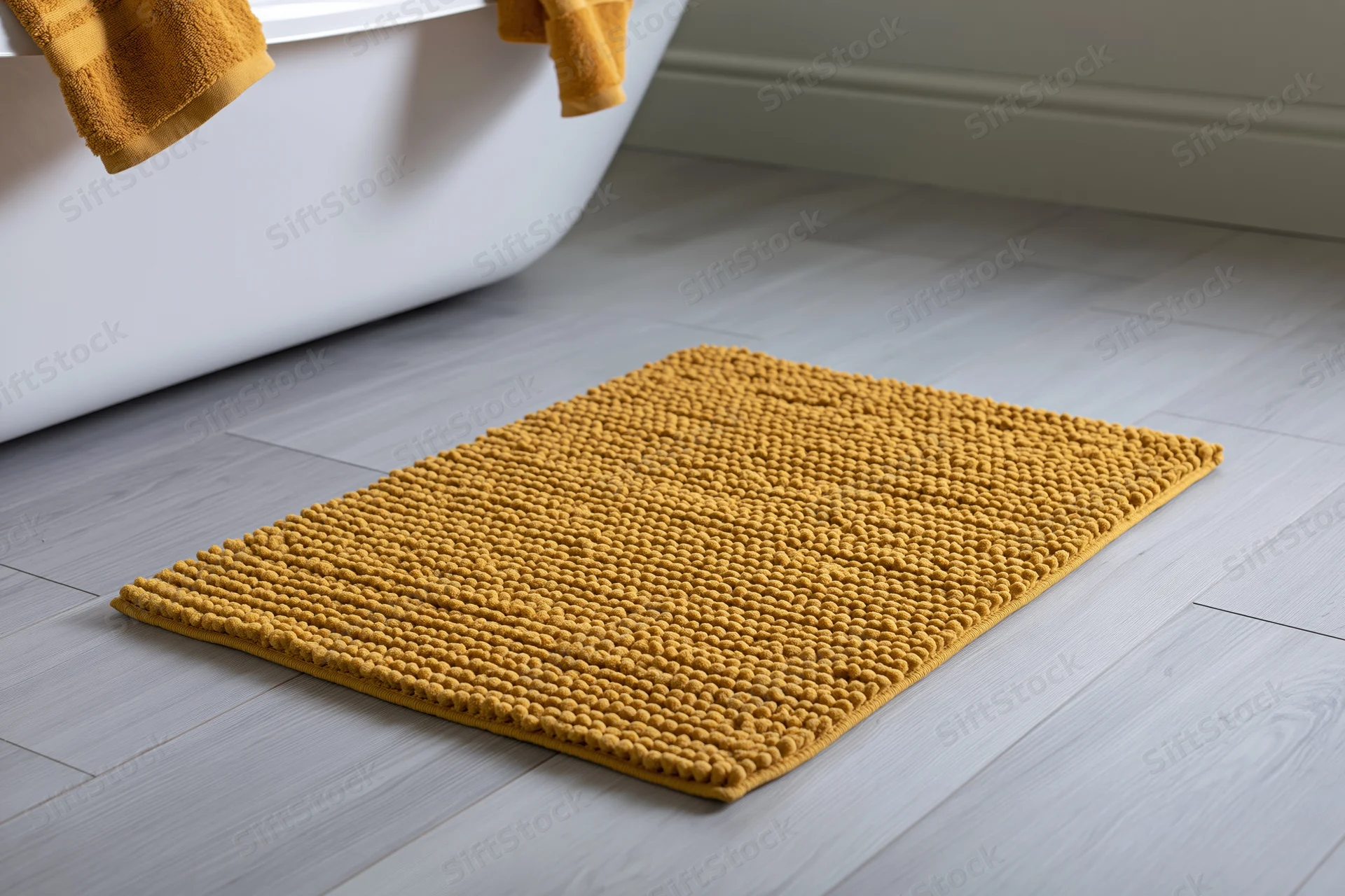 Mustard yellow chenille bath mat with raised bobble texture on gray tiled bathroom floor near white bathtub