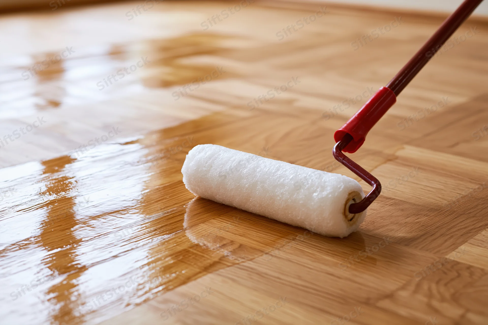 Paint roller applying clear varnish to hardwood floor