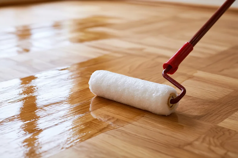Paint roller applying clear varnish to hardwood floor