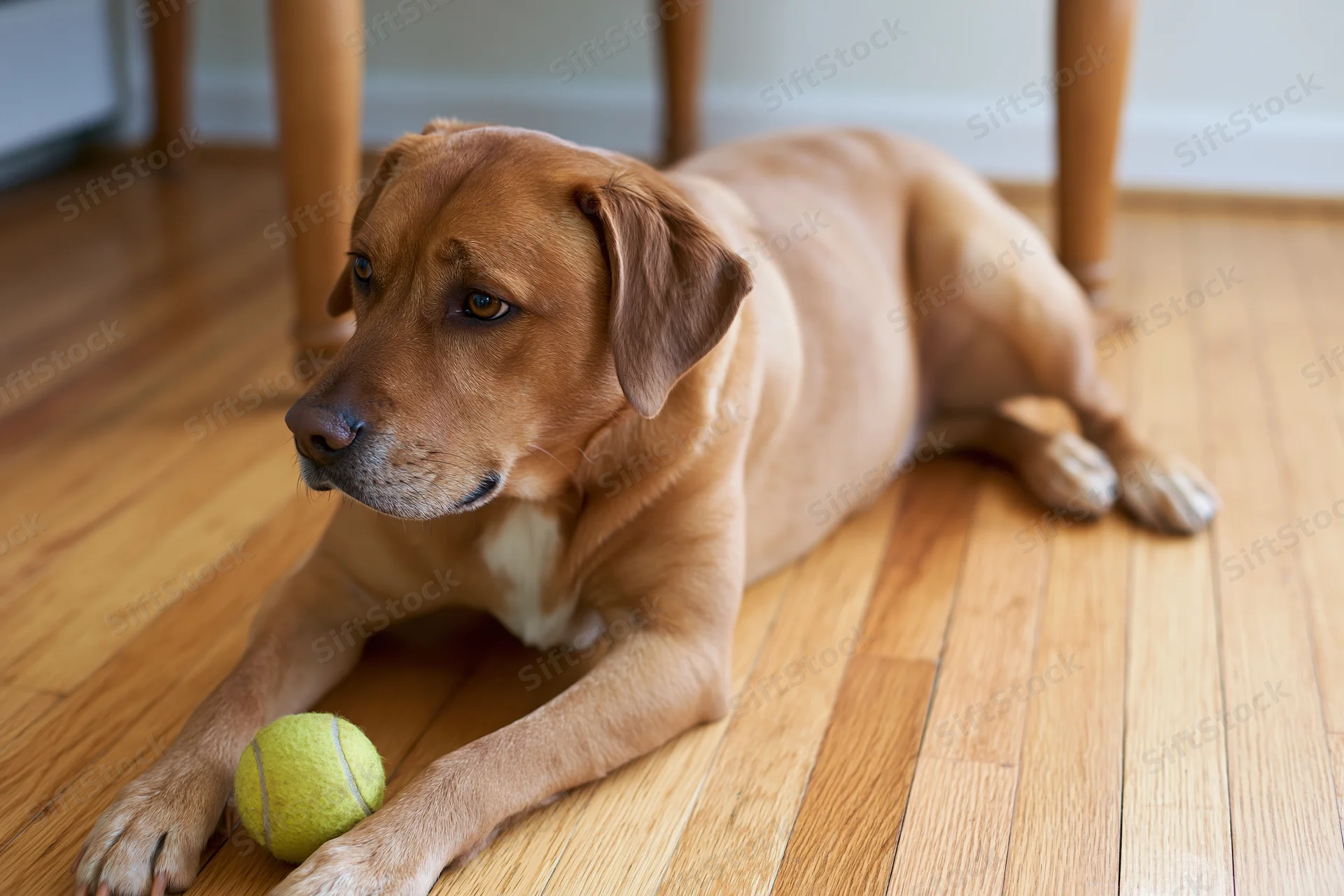 Reddish-brown labrador mix lying on hardwood floor with tennis ball near front paws