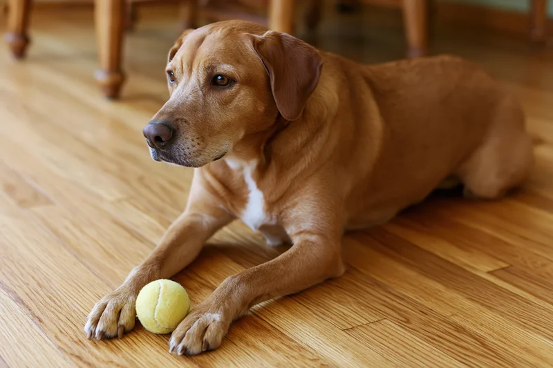 Reddish-brown labrador mix lying on hardwood floor with tennis ball between paws