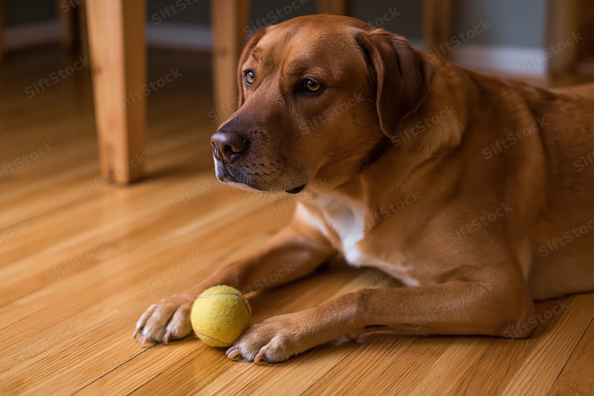 Reddish-brown labrador mix lying on hardwood floor with tennis ball between paws