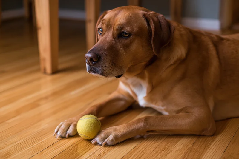 Reddish-brown labrador mix lying on hardwood floor with tennis ball between paws